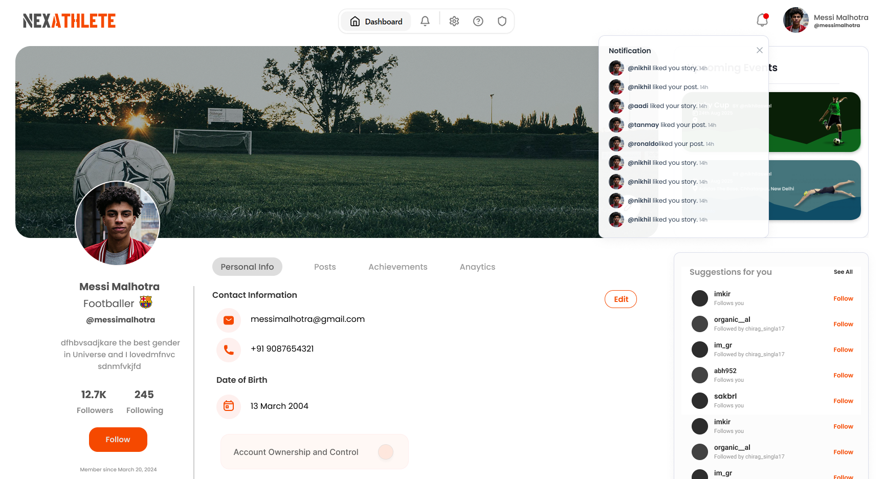NexAthlete athlete profile with performance stats and notifications